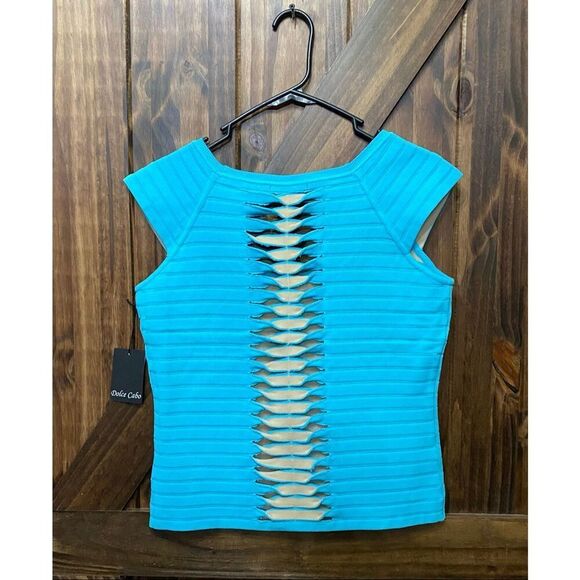 Dolce Cabo Aqua Blue Cutout Shirt Blouse Sz L - Picture 2 of 6